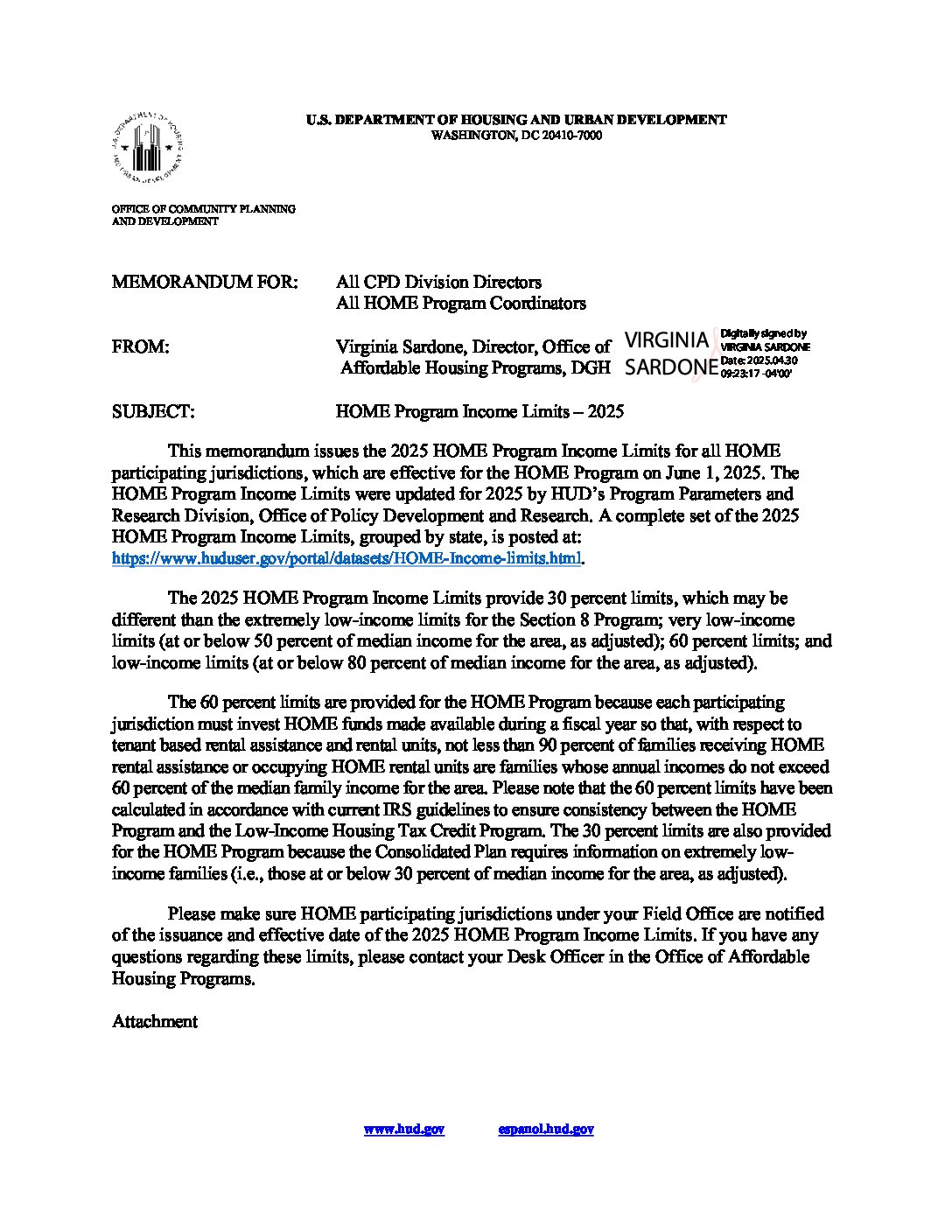 2025 HOME Income & Rent Limits With Memo