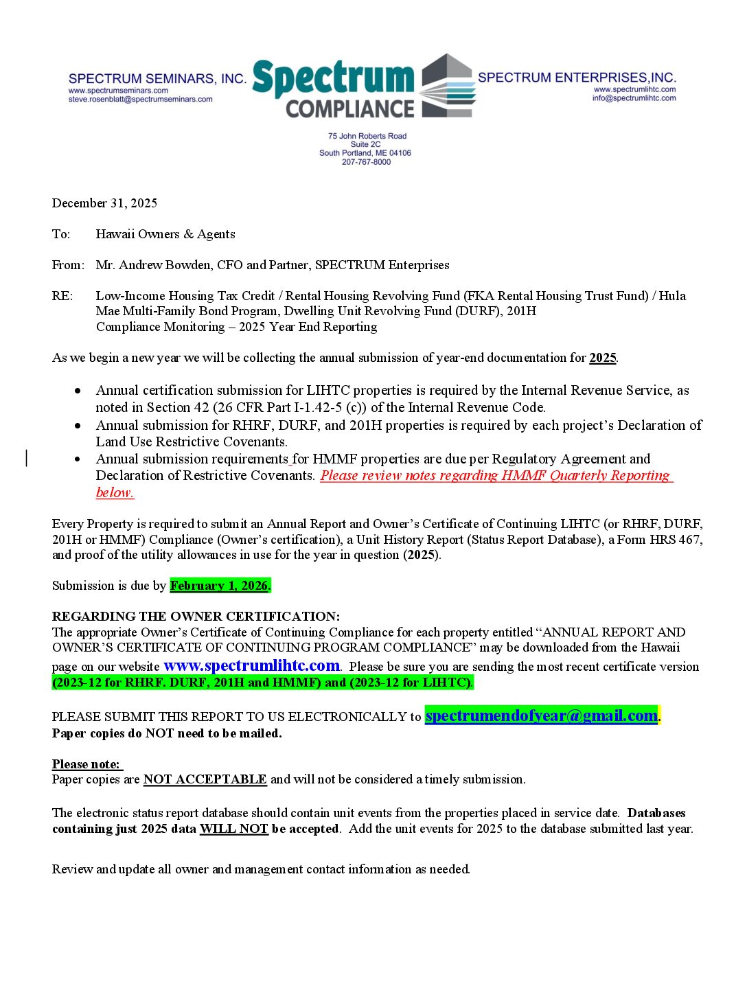 End of Year Owner Letter