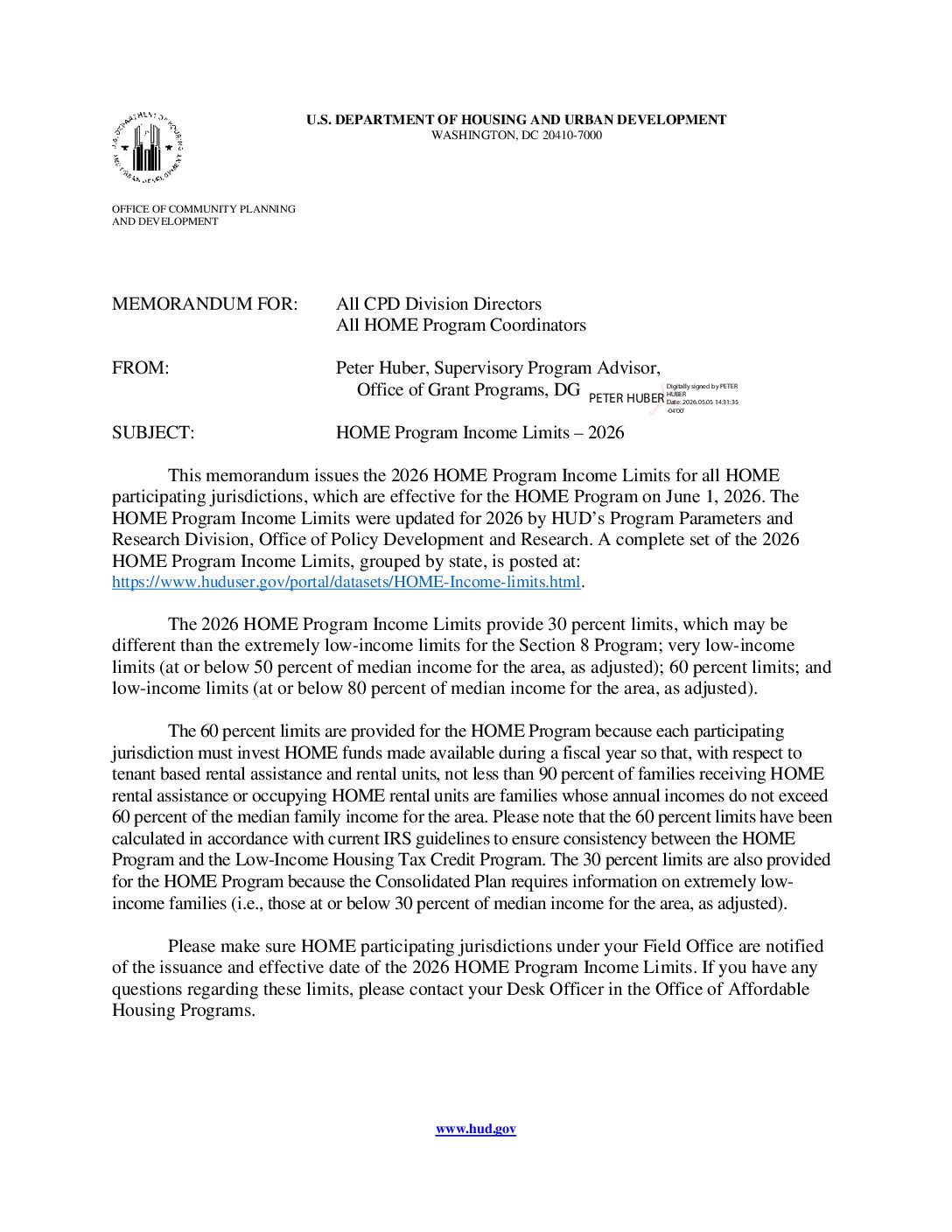 2026 HOME Income & Rent Limits With Memo
