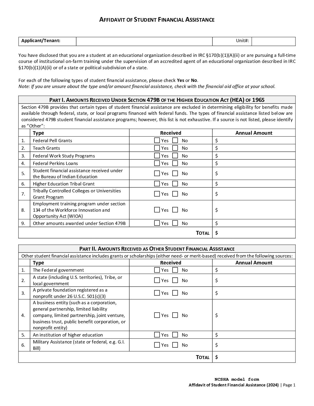 Affidavit of Student Financial Assistance