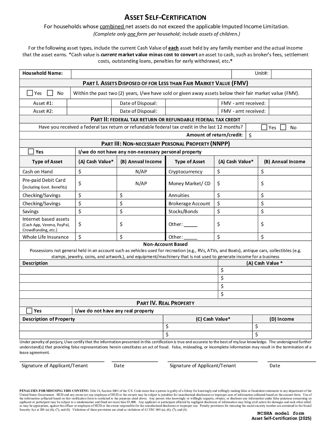 Asset Self-Certification (HOTMA rev 1-2025)