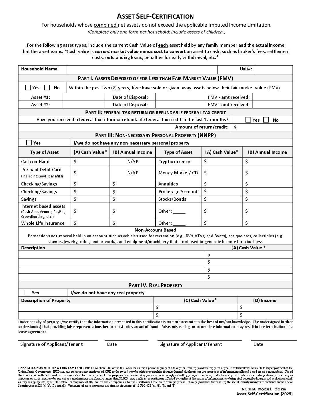 Asset Self-Certification (HOTMA rev 8-2025)