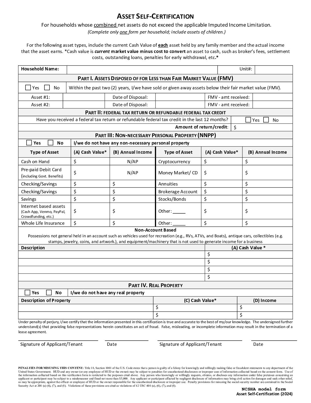 Asset Self-Certification (HOTMA rev 9-2024)