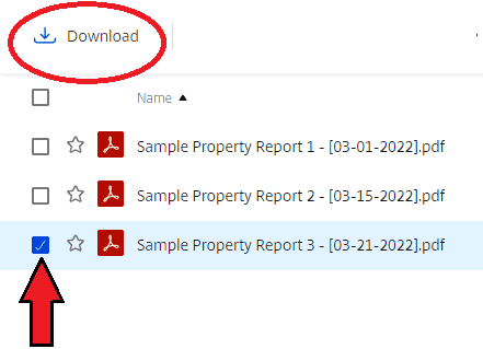 Screenshot of sample report files in ShareFile pointing to the selection checkbox and circling the download button.