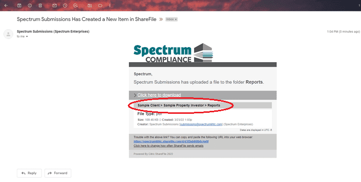 Screenshot of a sample email of the automated notification that a report has been uploaded. The folder path is circled.