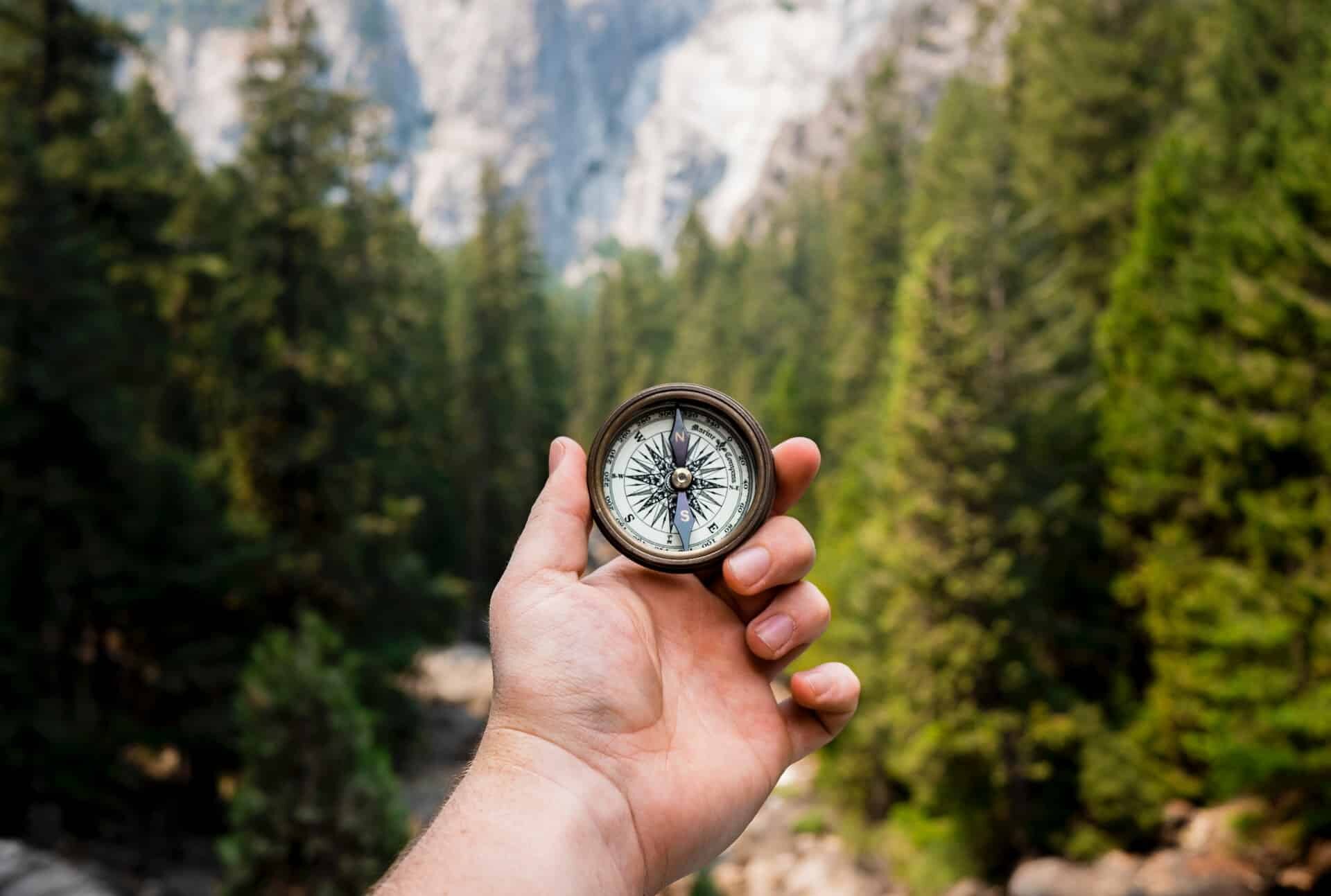 Hand holding out compass in the woods