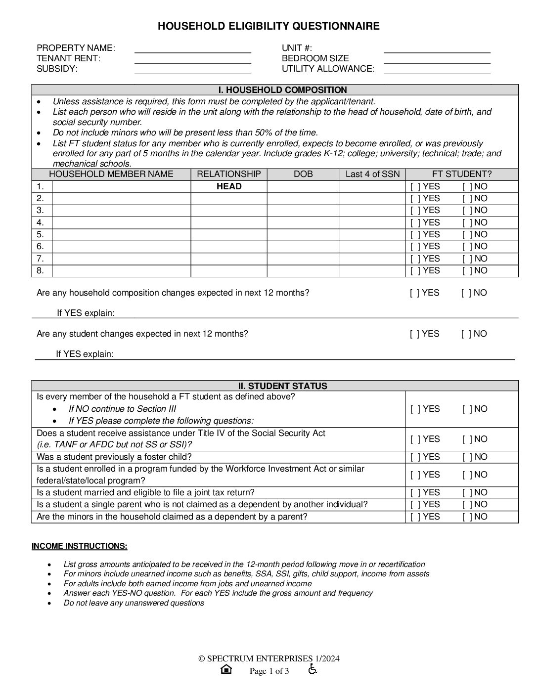 Household Eligibility Questionnaire