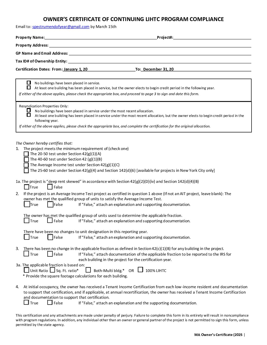 Owner’s Certificate of Continuing LIHTC Program Compliance – Rev. 3/24/25