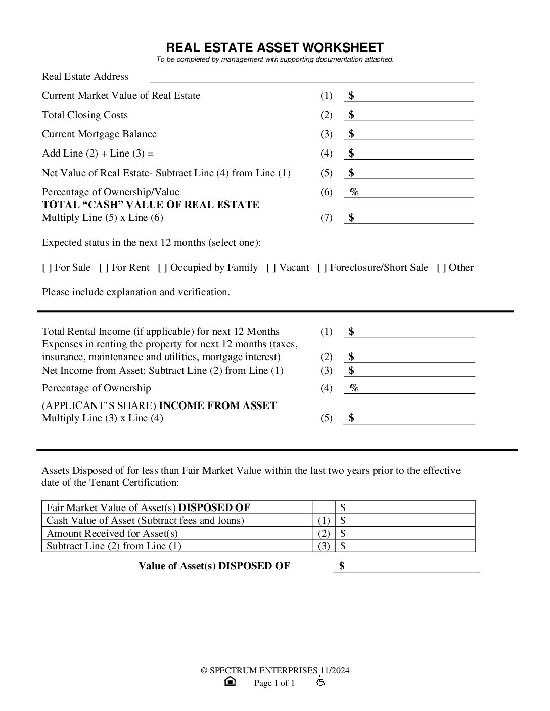 Real Estate Asset Worksheet