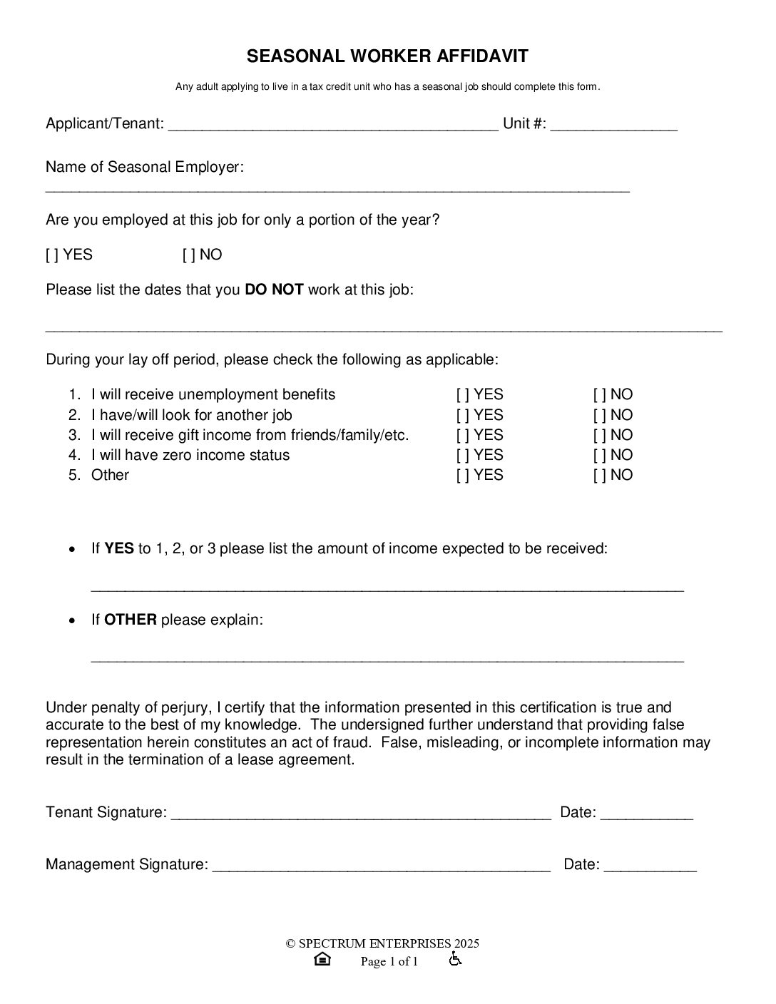 Seasonal Worker Affidavit