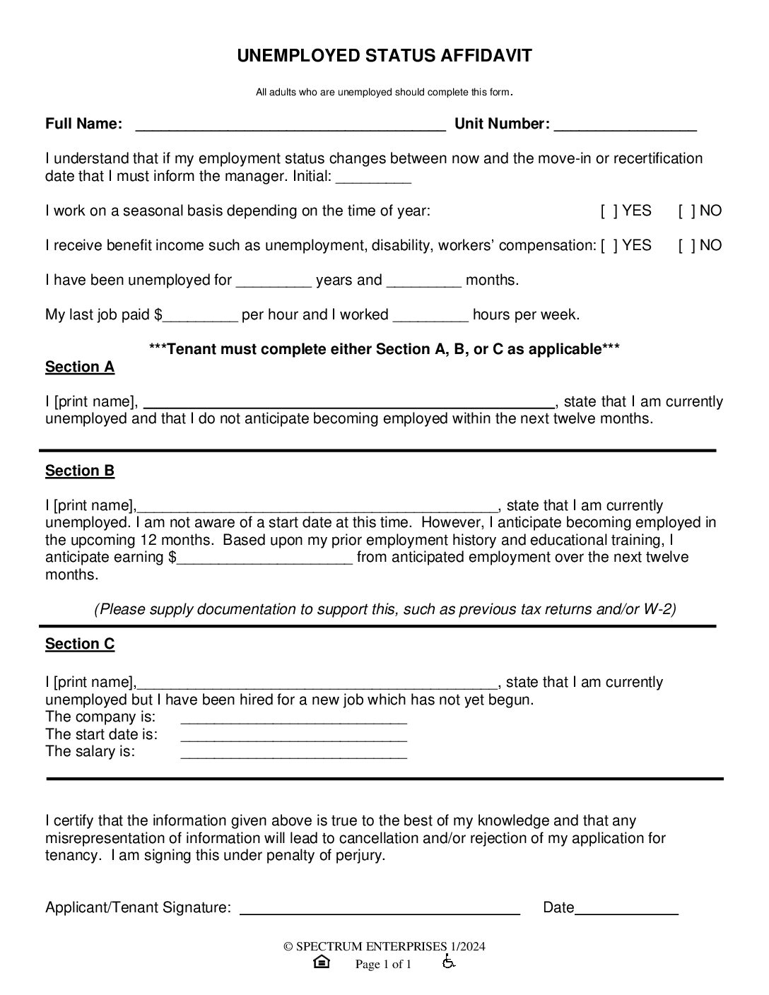 Unemployed Status Affidavit