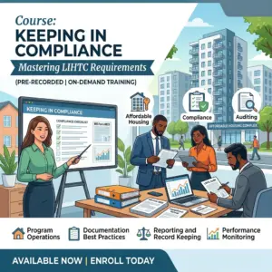Cartoon graphic showing training for Keeping in Compliance course
