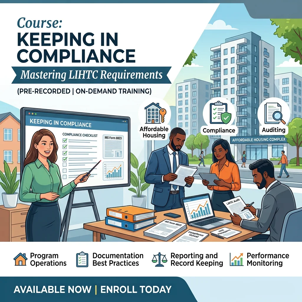 Cartoon graphic showing training for Keeping in Compliance course